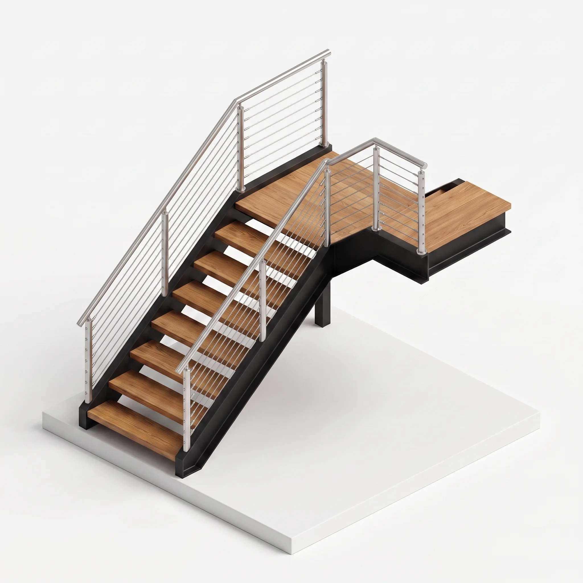 Garde-corps escalier câbles tendus inox — visualisation isométrique