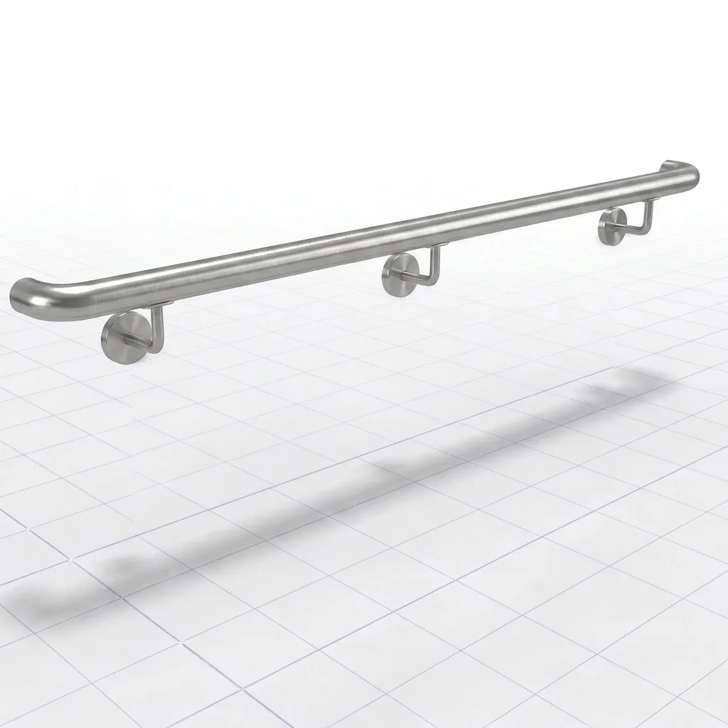 Main courante murale inox brossé Ø42 mm sur écuyers — rendu produit