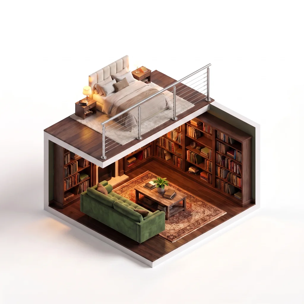 Garde-corps mezzanine câbles inox et verre — visualisation isométrique
