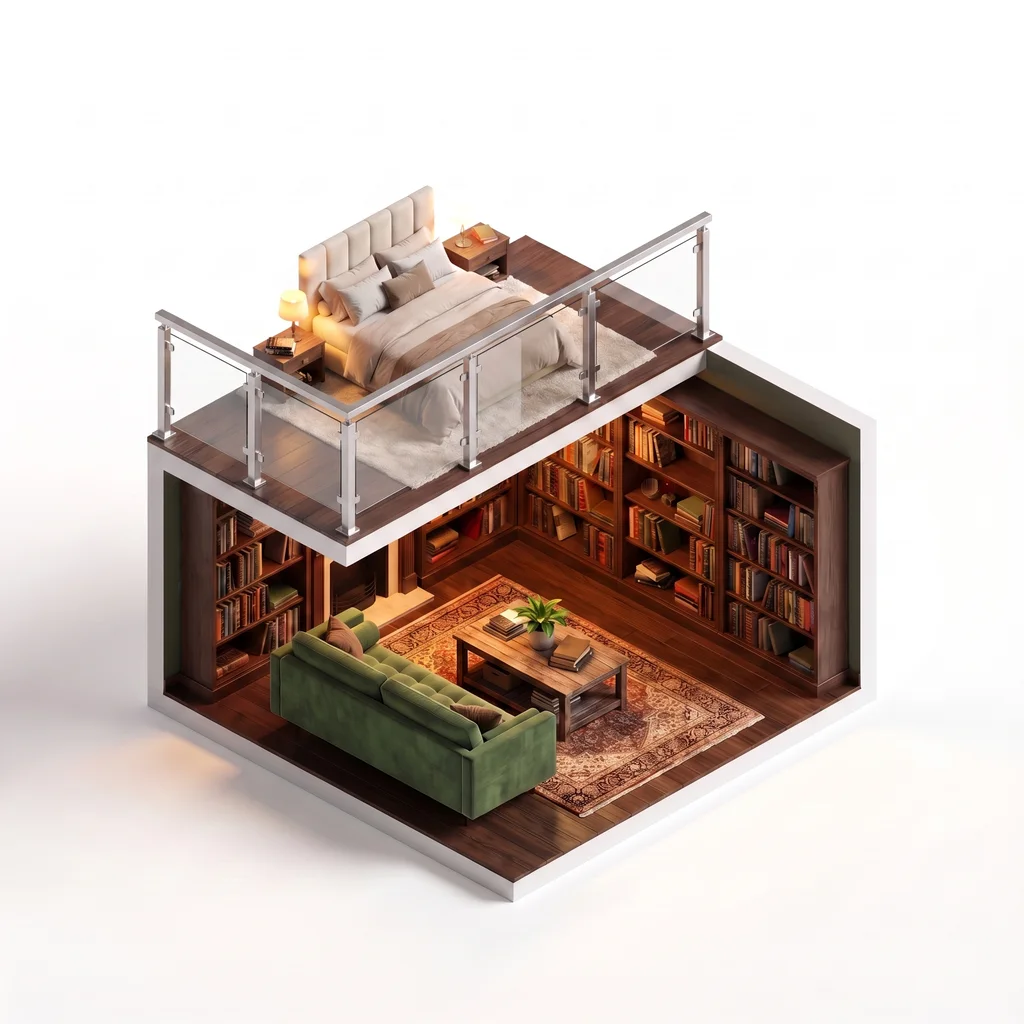 Garde-corps mezzanine verre feuilleté sur poteaux inox — visualisation isométrique