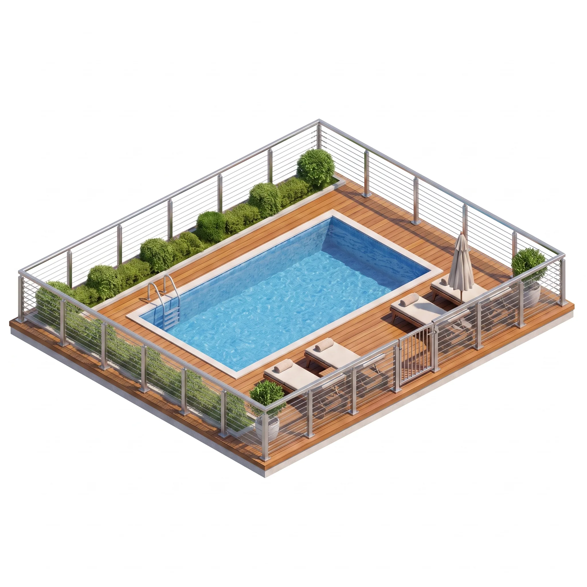 Barrière piscine câbles inox 316 marin — visualisation isométrique