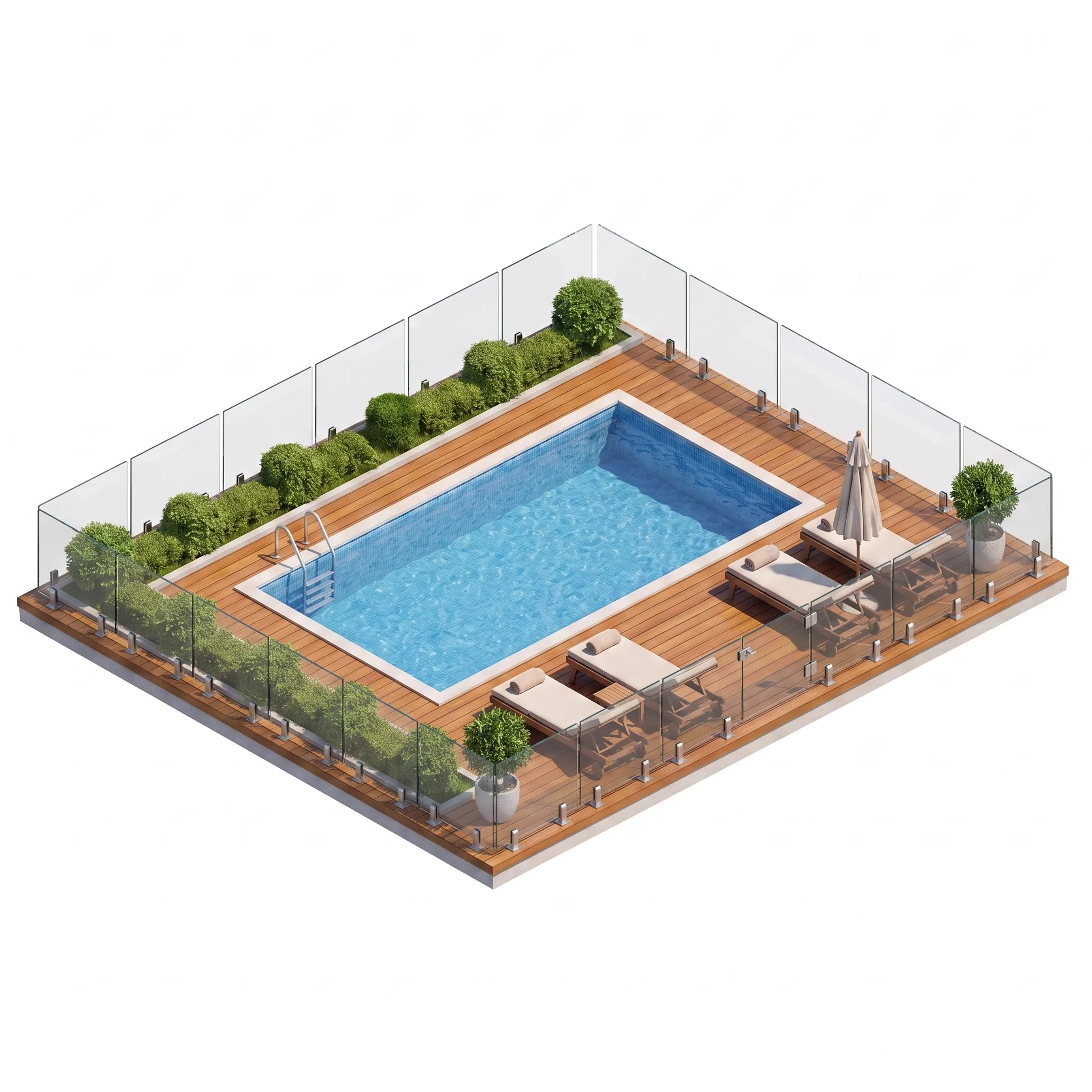 Barrière piscine verre sur pinces au sol — visualisation isométrique
