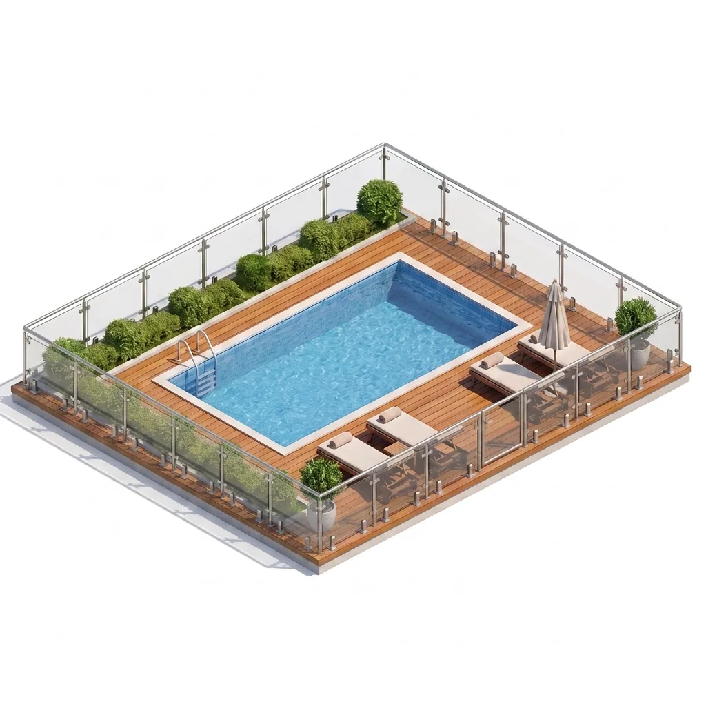 Barrière piscine verre feuilleté sur poteaux inox — visualisation isométrique