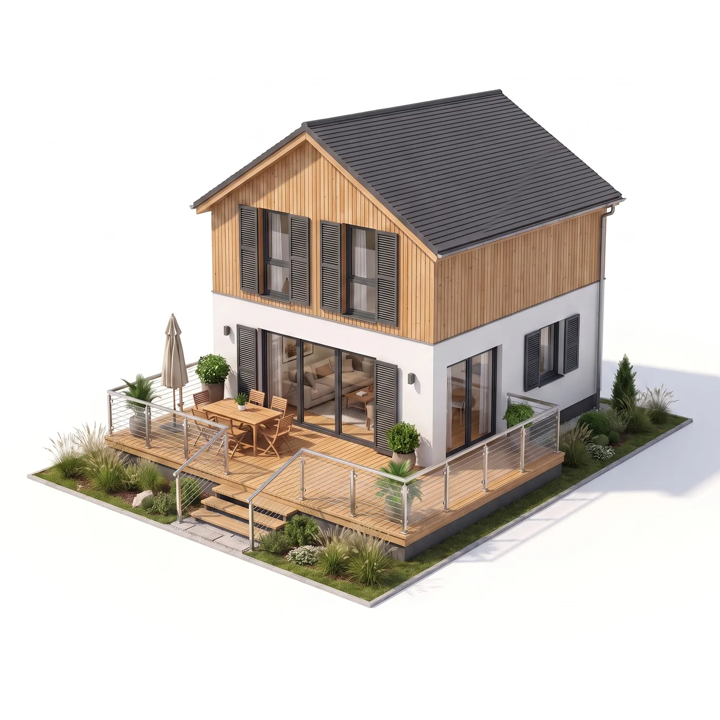 Garde-corps terrasse câbles tendus inox — visualisation isométrique