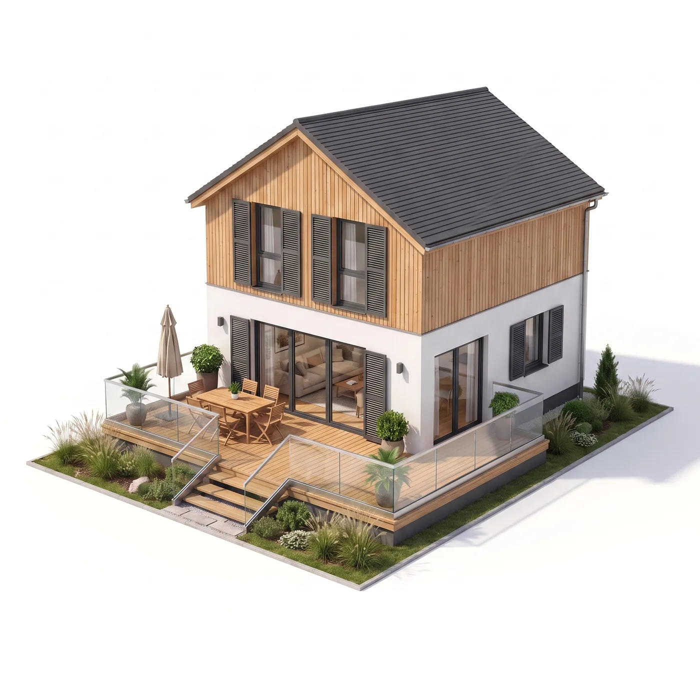 Garde-corps terrasse verre feuilleté sur profilé — visualisation isométrique