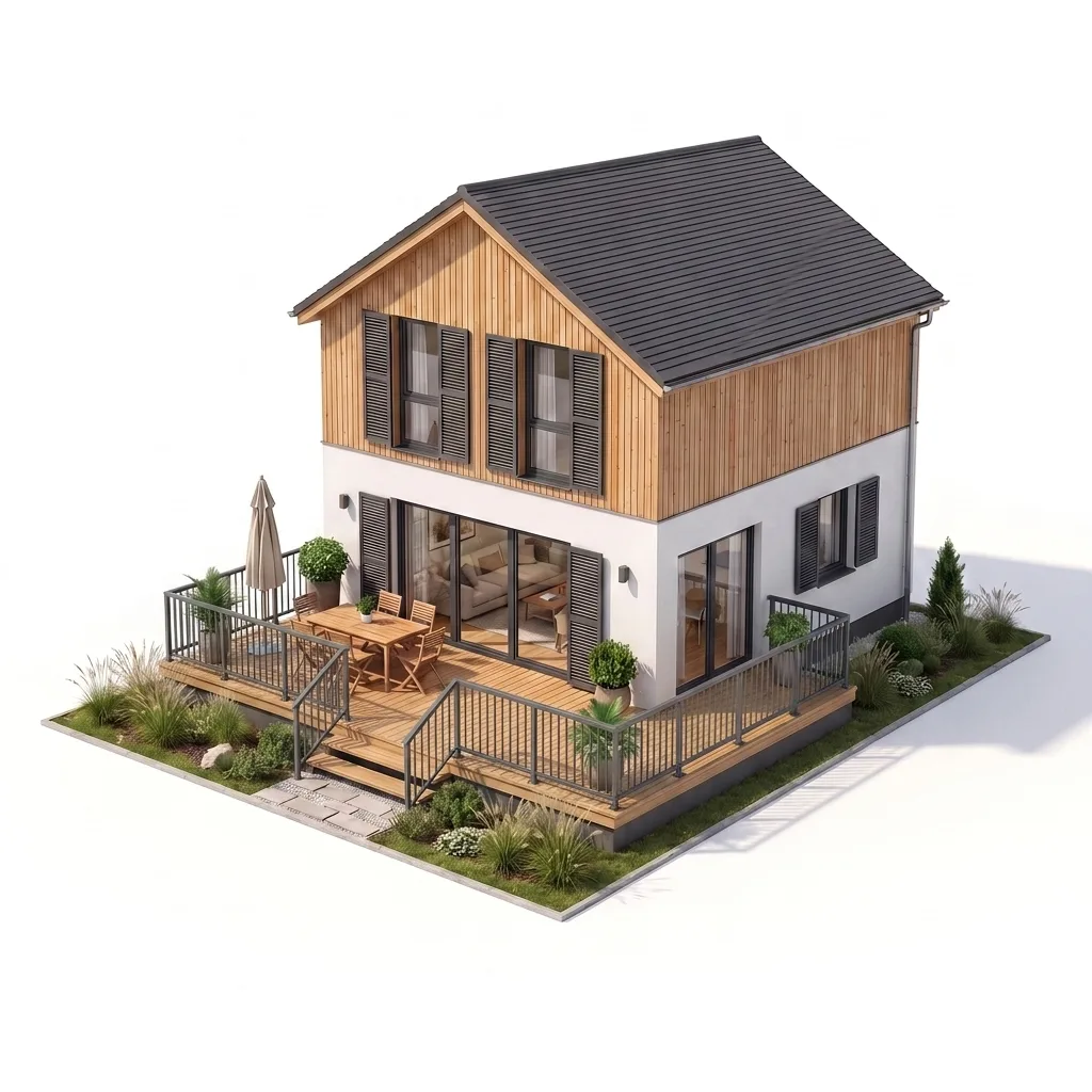 Garde-corps aluminium barreaudé toute hauteur anthracite sur terrasse — visualisation isométrique