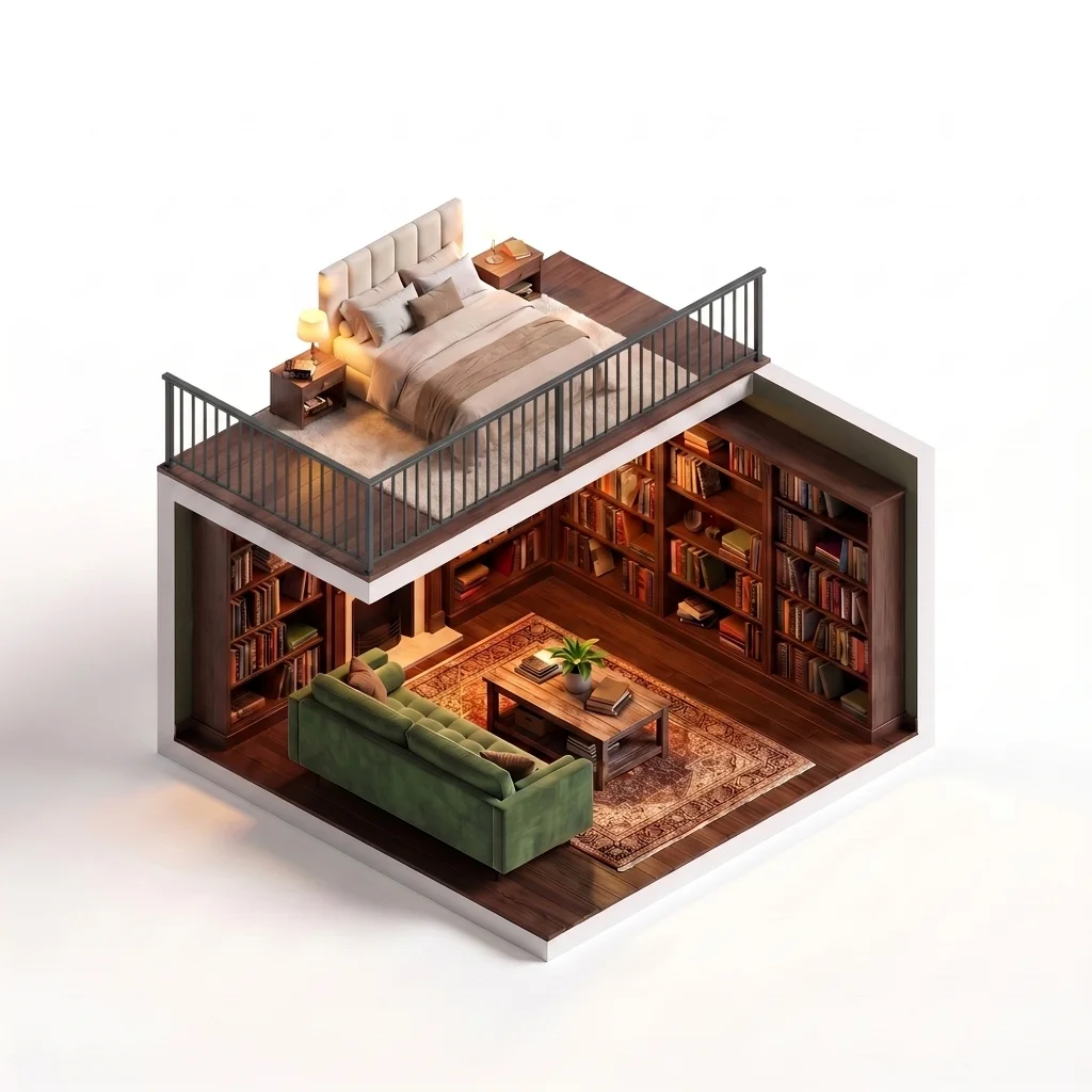 Garde-corps aluminium barreaudé toute hauteur anthracite en mezzanine — visualisation isométrique