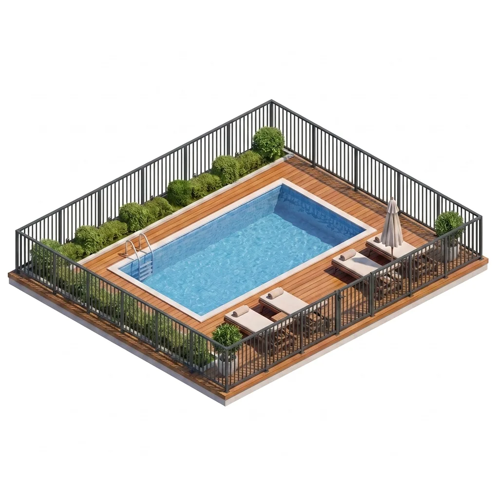 Garde-corps aluminium barreaudé toute hauteur anthracite autour d'une piscine — visualisation isométrique