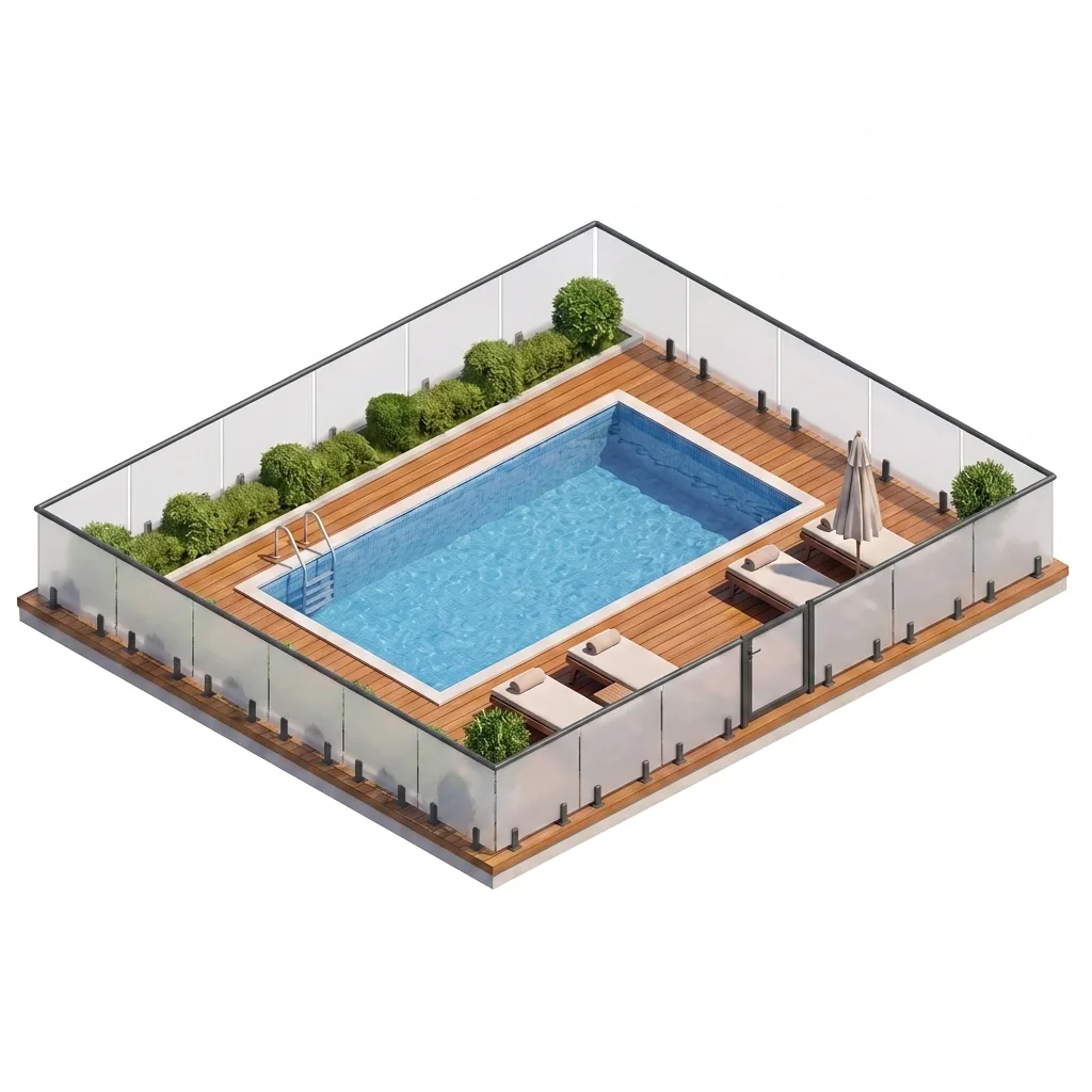 Garde-corps aluminium à bandeau vitré filant translucide autour d'une piscine — visualisation isométrique
