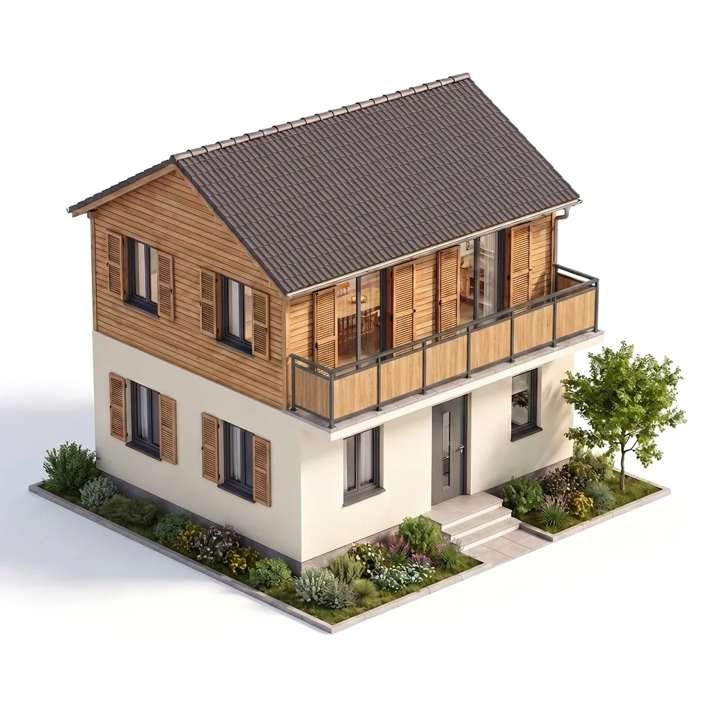 Garde-corps aluminium panneaux HPL effet bois sur balcon — visualisation isométrique