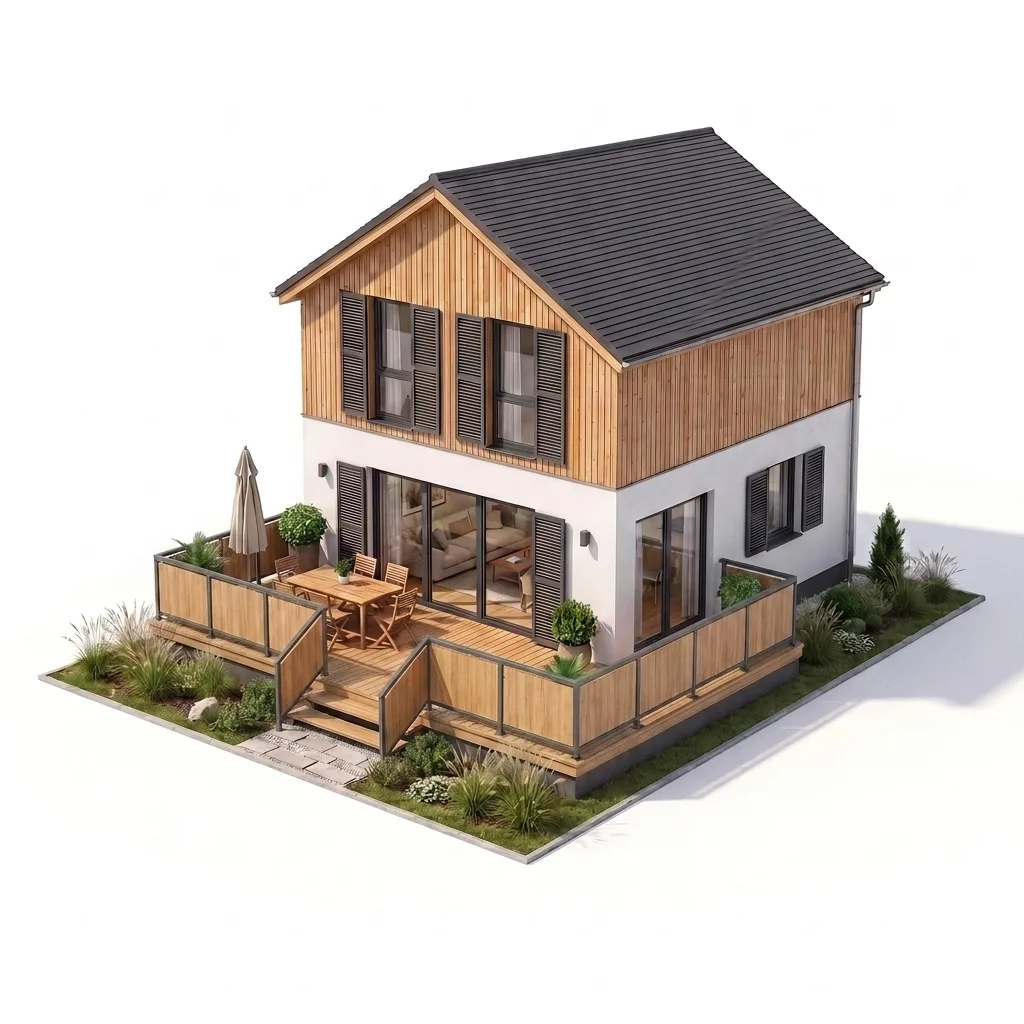 Garde-corps aluminium panneaux HPL effet bois sur terrasse — visualisation isométrique