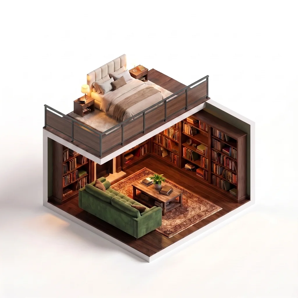 Garde-corps aluminium panneaux HPL effet bois en mezzanine — visualisation isométrique