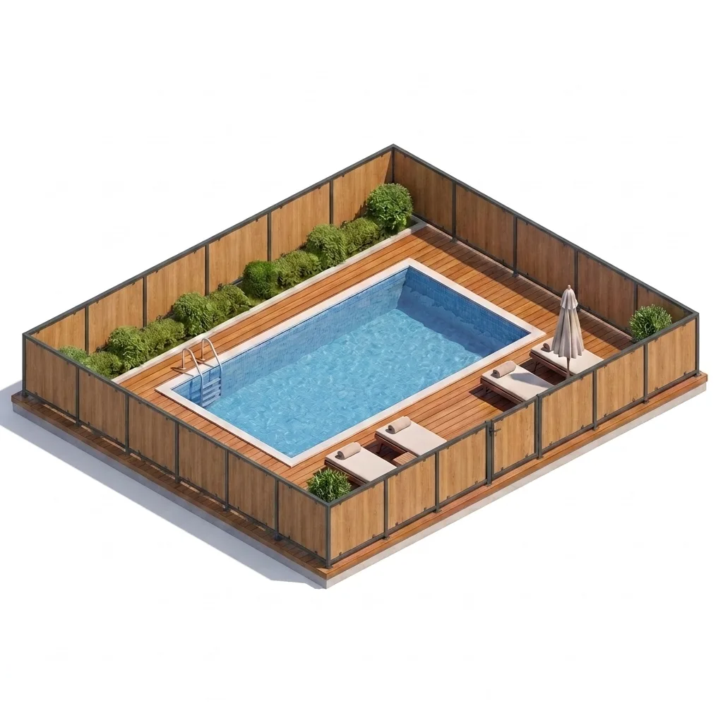 Garde-corps aluminium panneaux HPL effet bois autour d'une piscine — visualisation isométrique