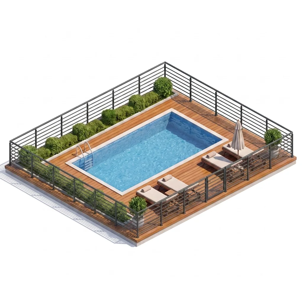 Garde-corps aluminium à lisses horizontales anthracite autour d'une piscine — visualisation isométrique