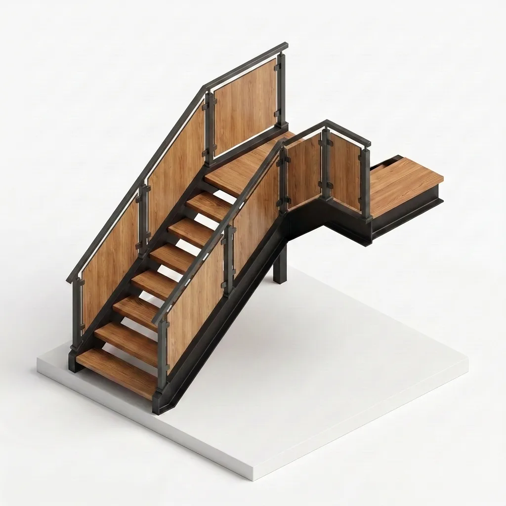 Garde-corps rampant aluminium panneaux HPL sur escalier extérieur — visualisation isométrique