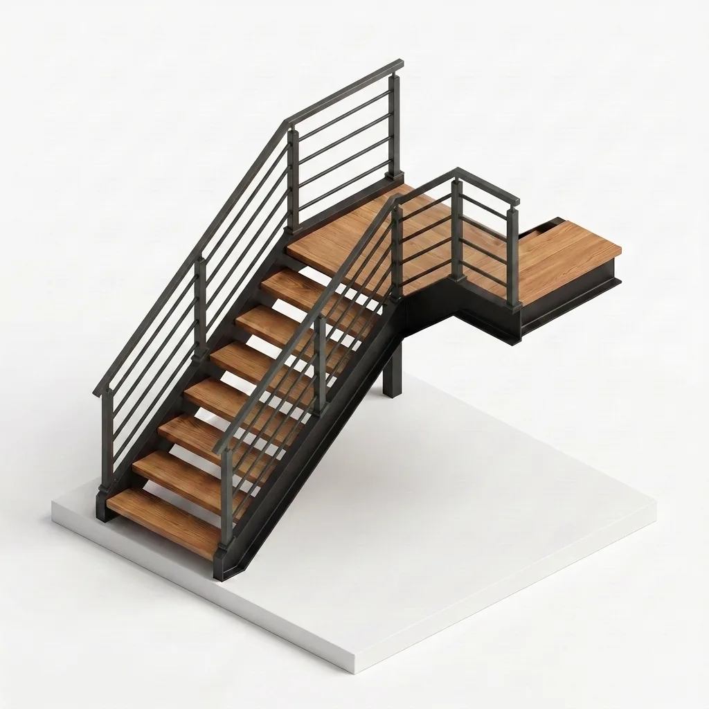 Garde-corps rampant aluminium à 5 lisses sur escalier extérieur — visualisation isométrique