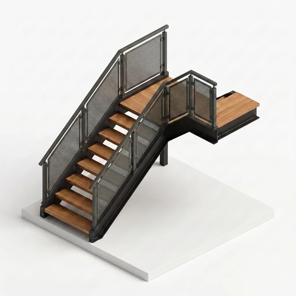 Garde-corps rampant aluminium tôle perforée sur escalier — visualisation isométrique