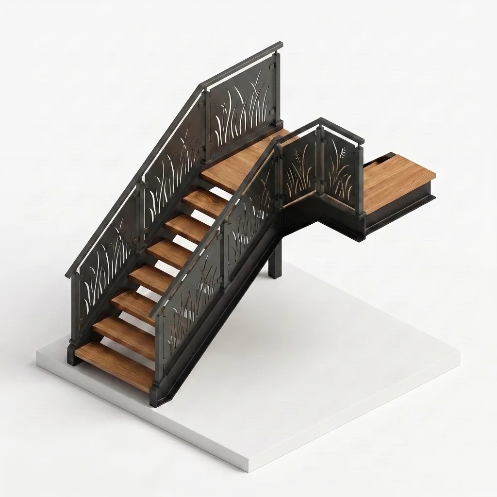 Garde-corps rampant aluminium tôle découpe laser motif graminées sur escalier — visualisation isométrique