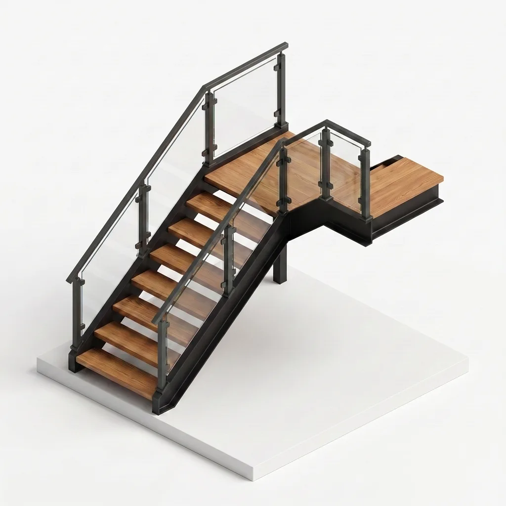 Garde-corps rampant aluminium et verre feuilleté sur escalier extérieur — visualisation isométrique