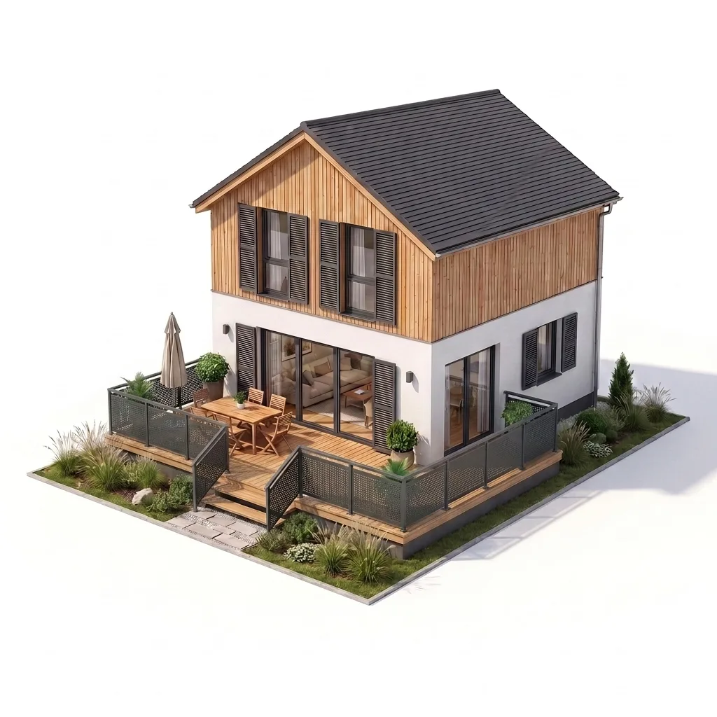 Garde-corps aluminium tôle décor perforée anthracite sur terrasse — visualisation isométrique