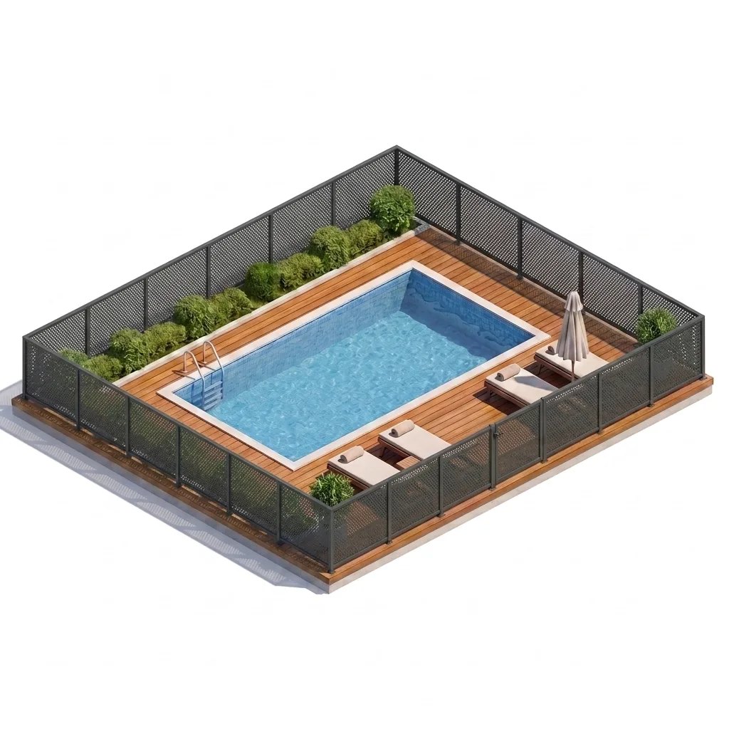 Garde-corps aluminium tôle décor perforée anthracite autour d'une piscine — visualisation isométrique