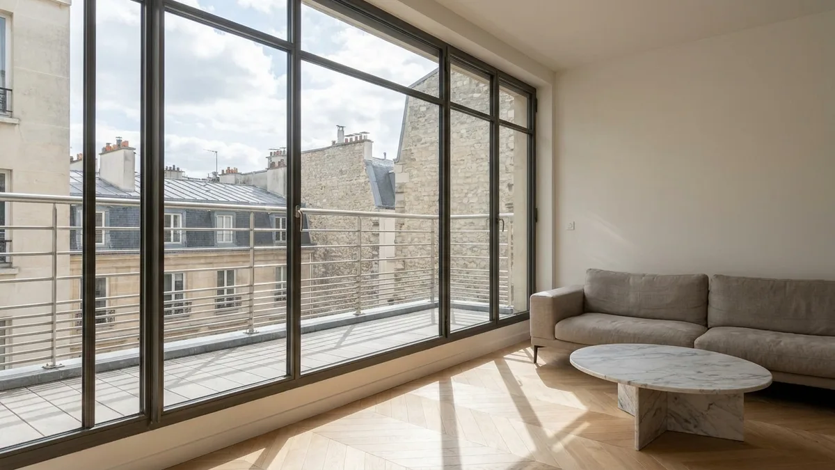 Garde-corps inox sur balcon avec fenêtre — appartement moderne