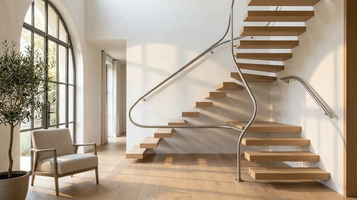 Main courante inox polie sur escalier intérieur moderne