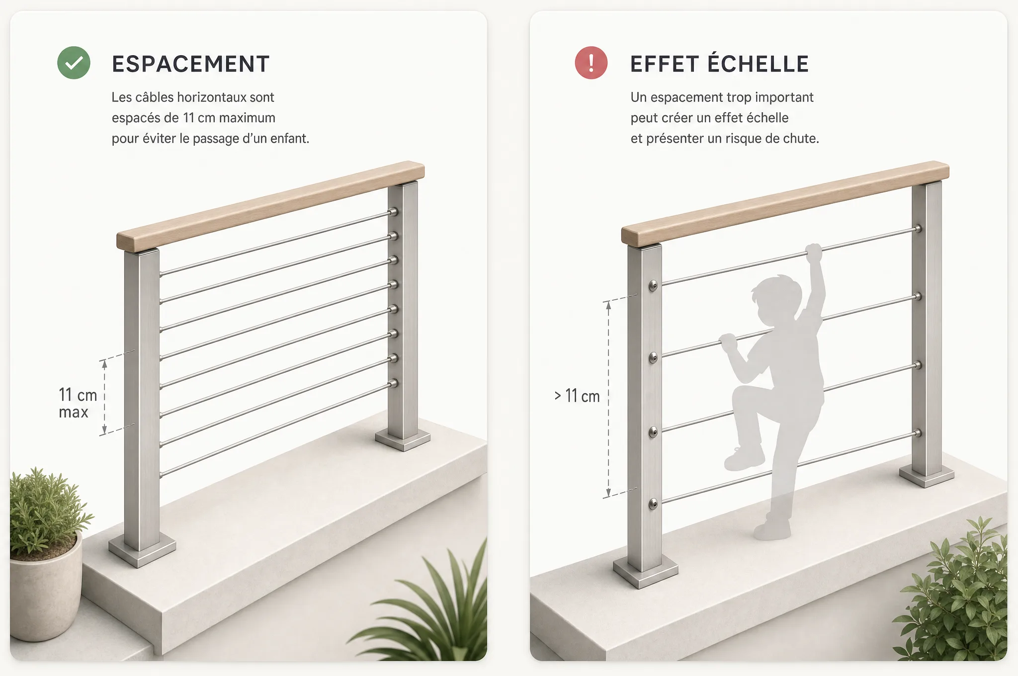 Espacement des câbles 11 cm max et effet échelle des câbles horizontaux