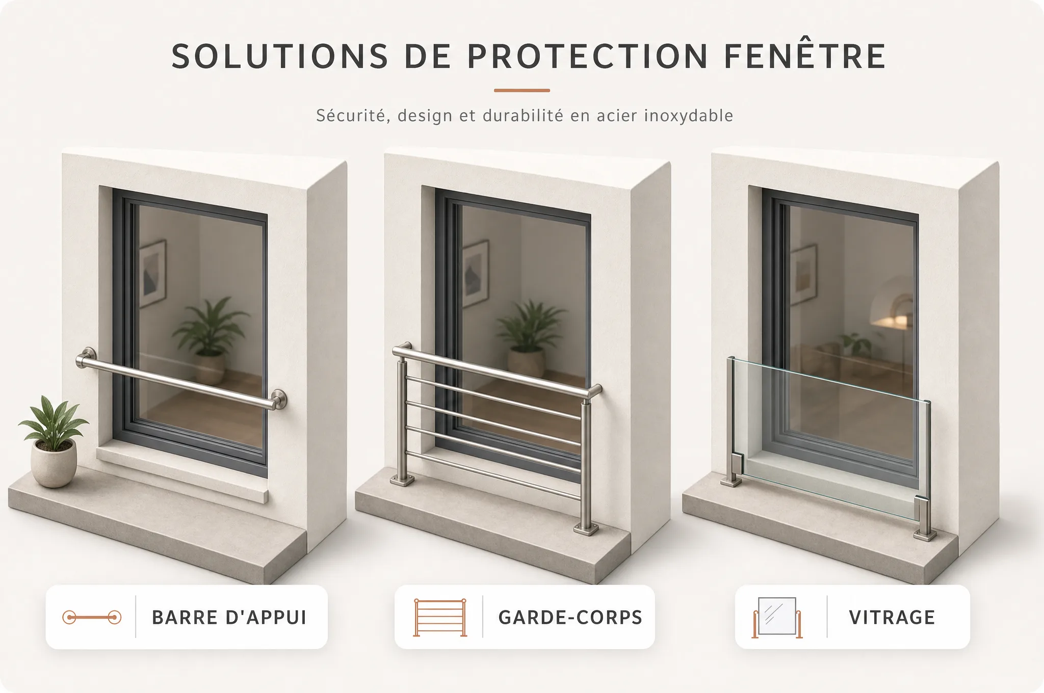 Solutions de protection de fenêtre : barre d'appui, garde-corps, vitrage