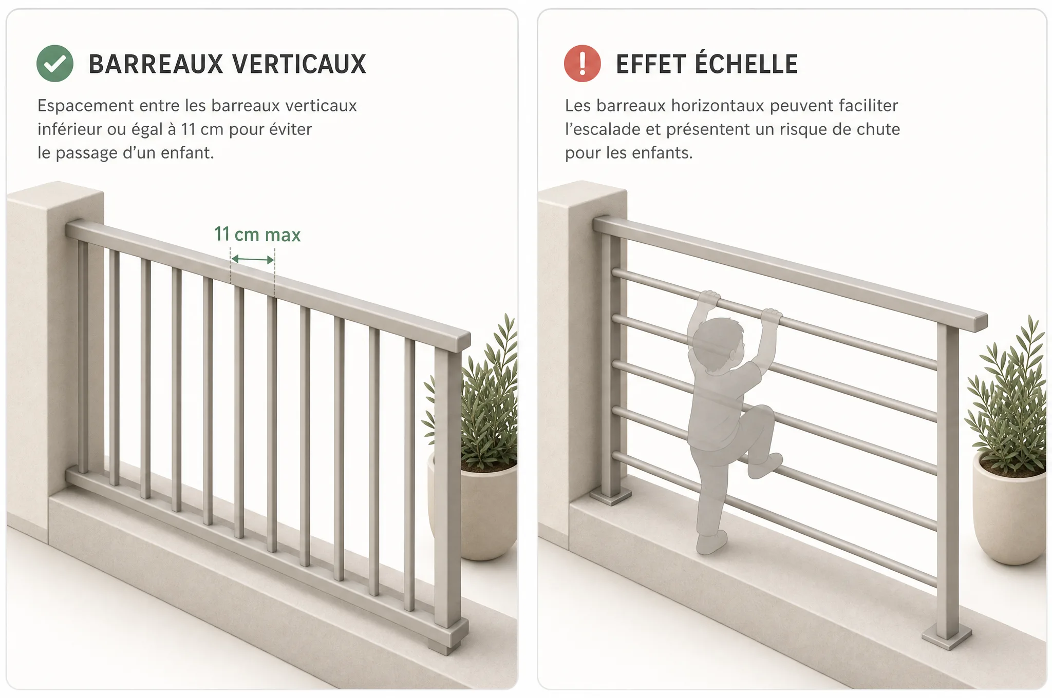 Espacement des barreaux 11 cm maximum et danger de l'effet échelle