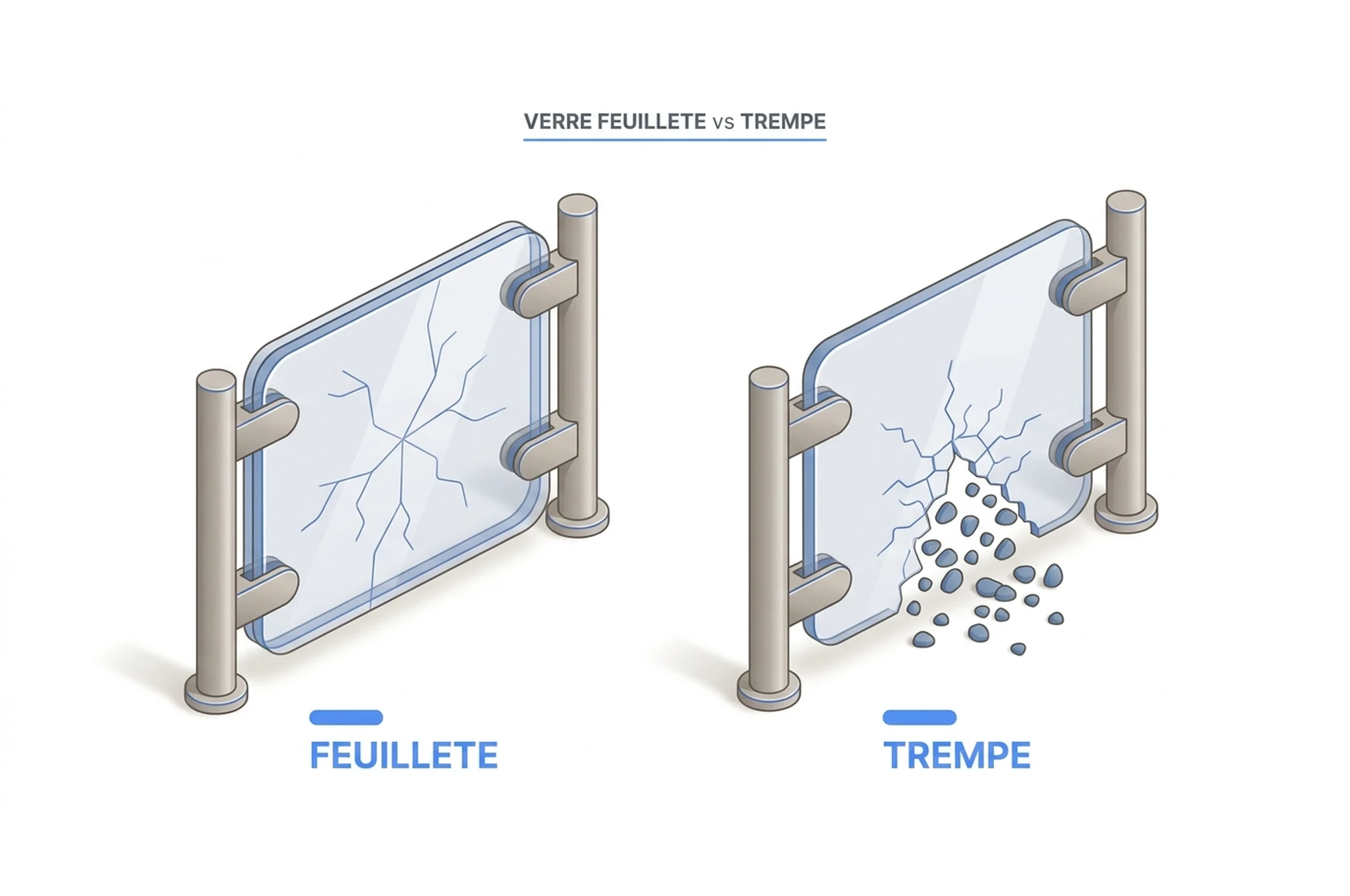 Comparaison verre feuilleté (reste en place) vs verre trempé (éclate en petits morceaux) pour un garde-corps inox