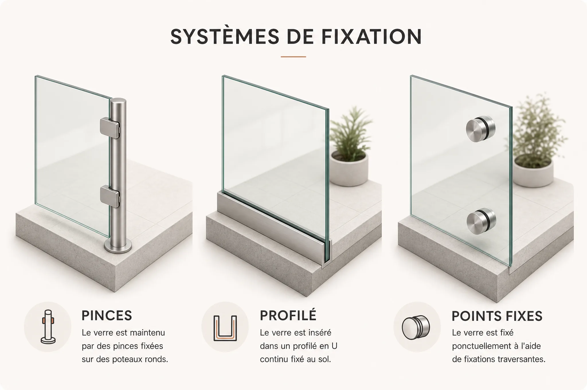 Les 3 systèmes de fixation d'un garde-corps verre inox : pinces, profilé en U, points fixes