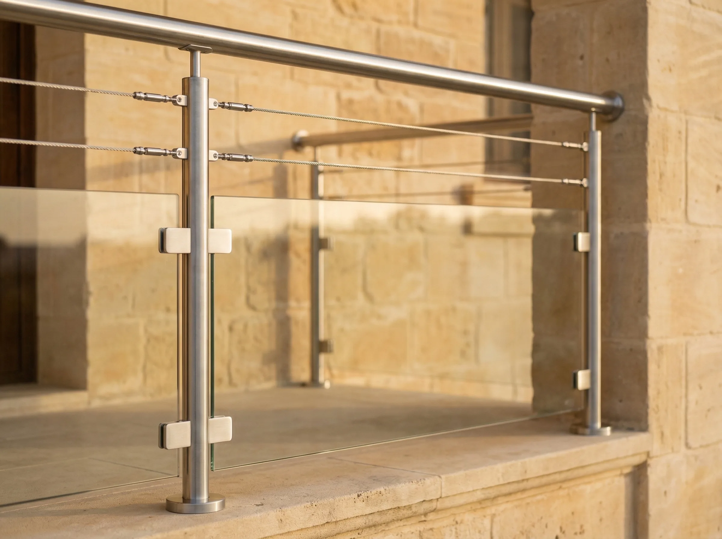 Garde-corps inox cables et verre sur balcon en pierre parisien