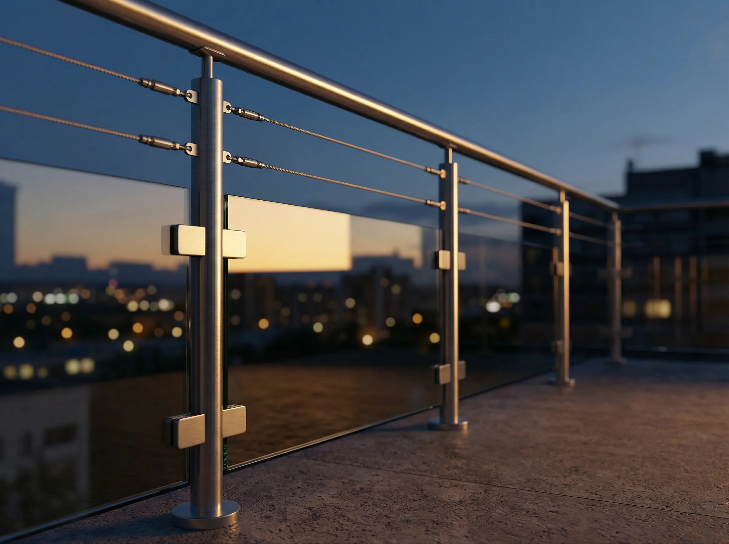 Garde-corps inox cables et verre eclaire la nuit