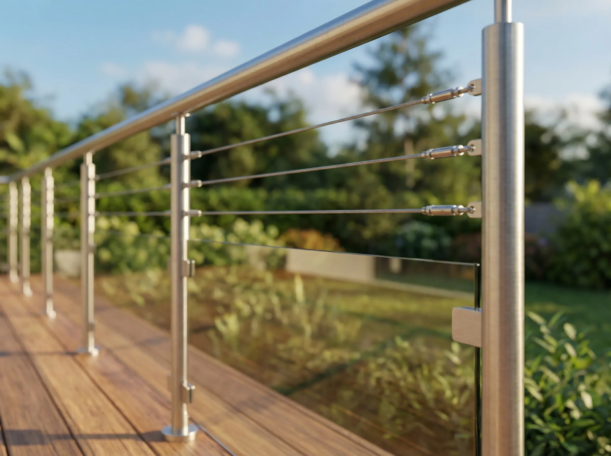 Garde-corps inox avec cables et verre sur terrasse bois