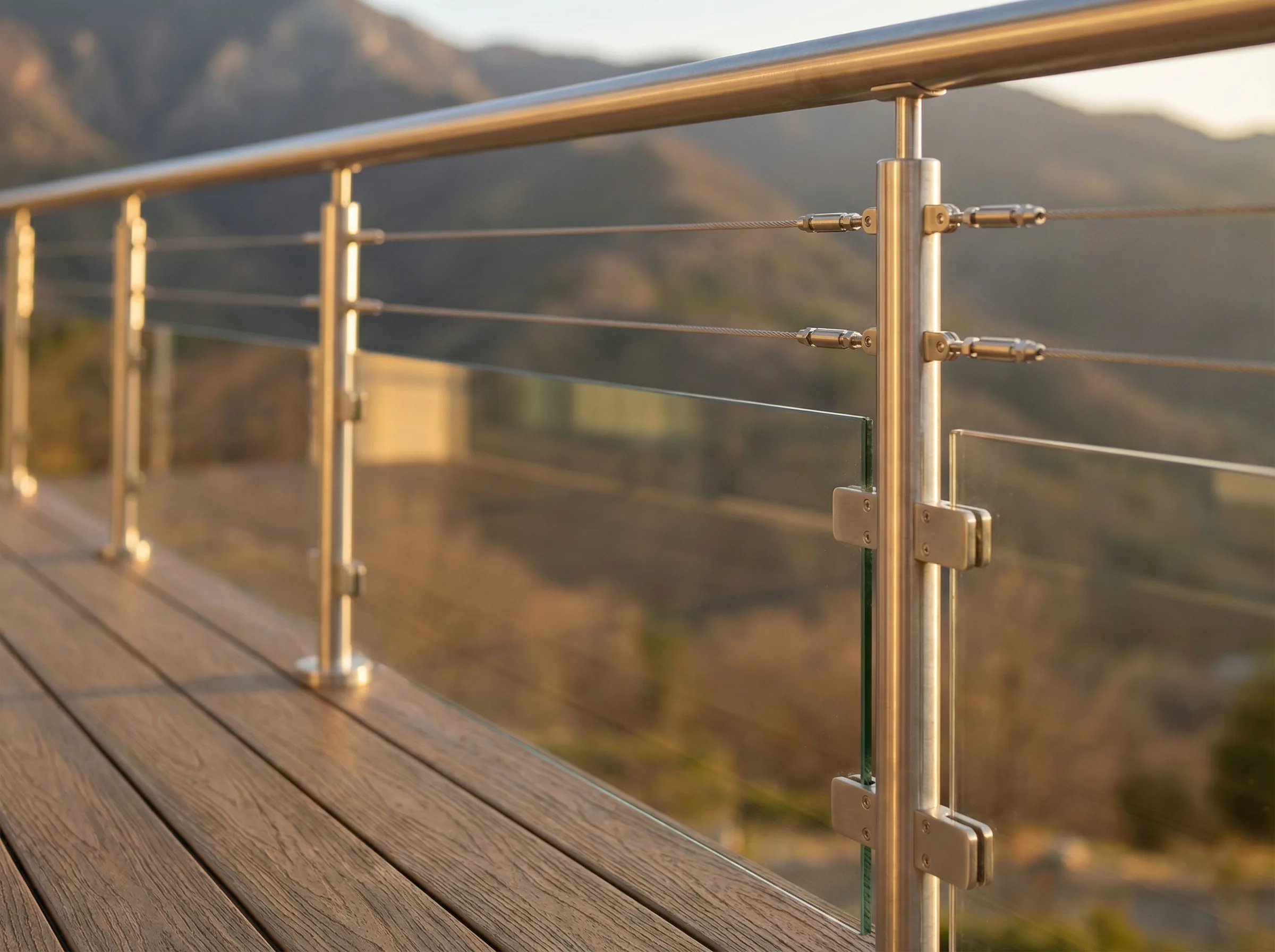 Garde-corps inox cables et verre sur terrasse bois