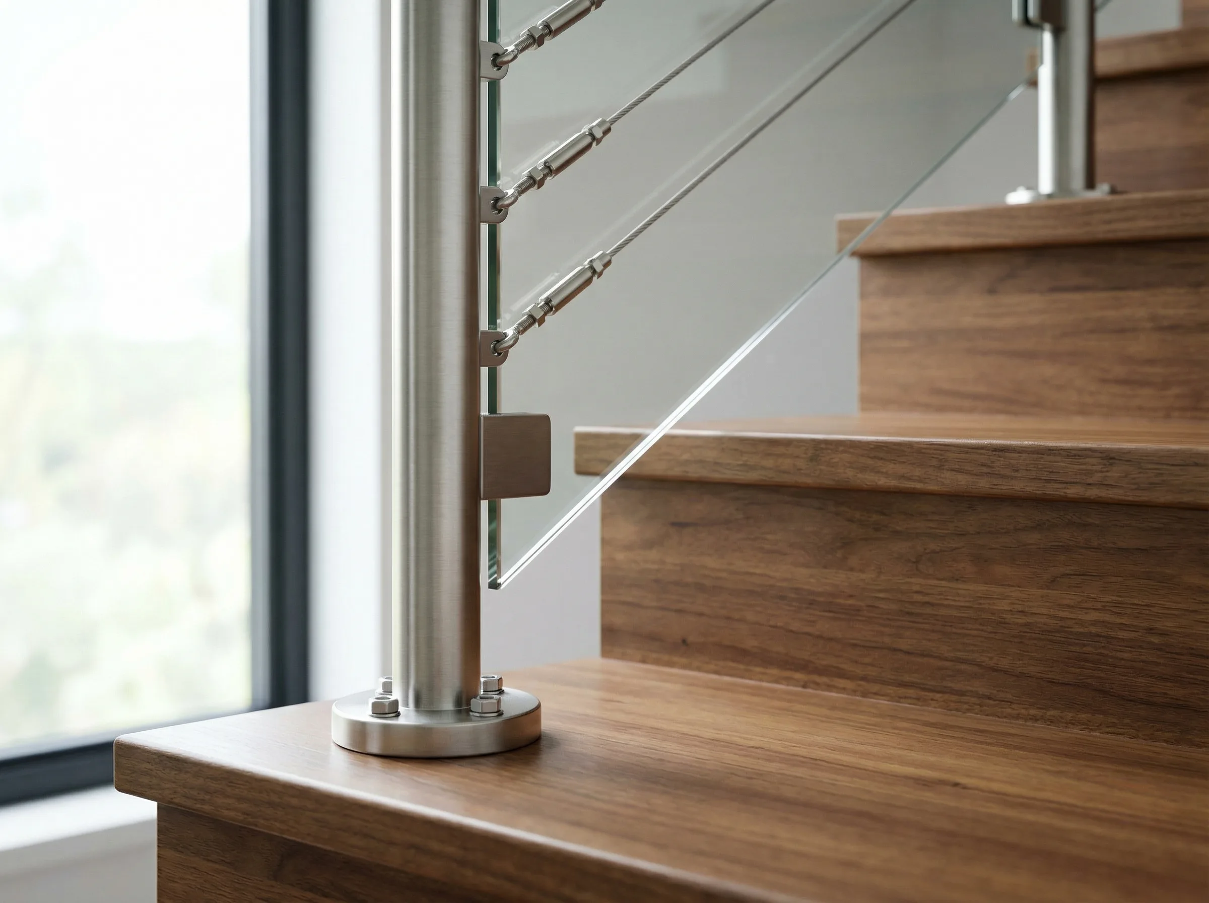 Garde-corps inox cables le long escalier bois interieur