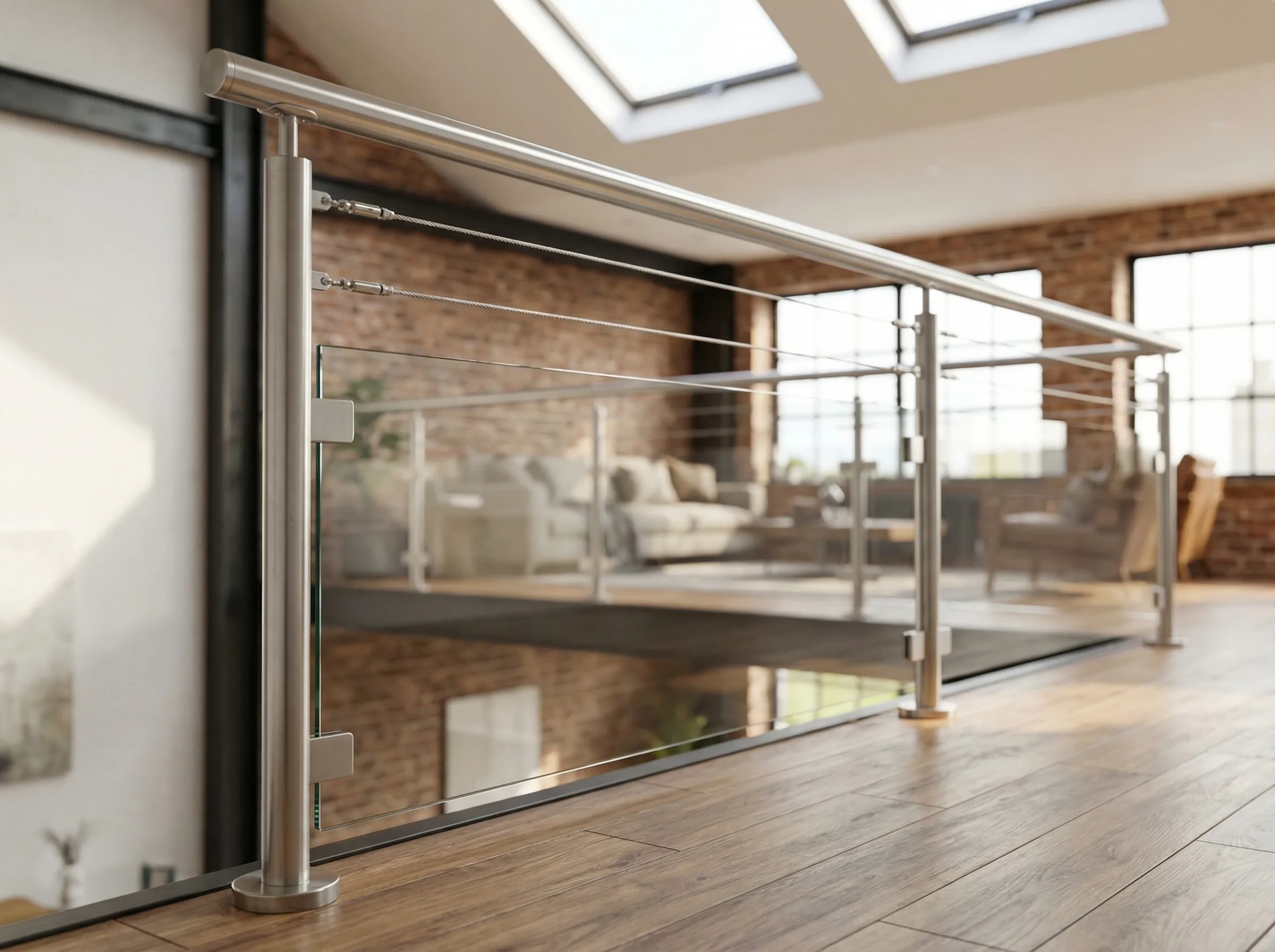 Garde-corps inox cables et verre sur mezzanine interieure