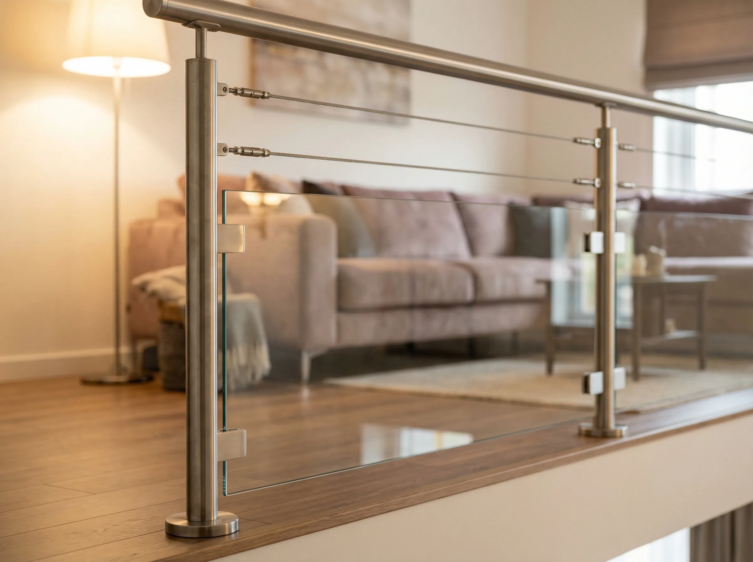 Garde-corps inox verre et cables dans salon duplex lyonnais