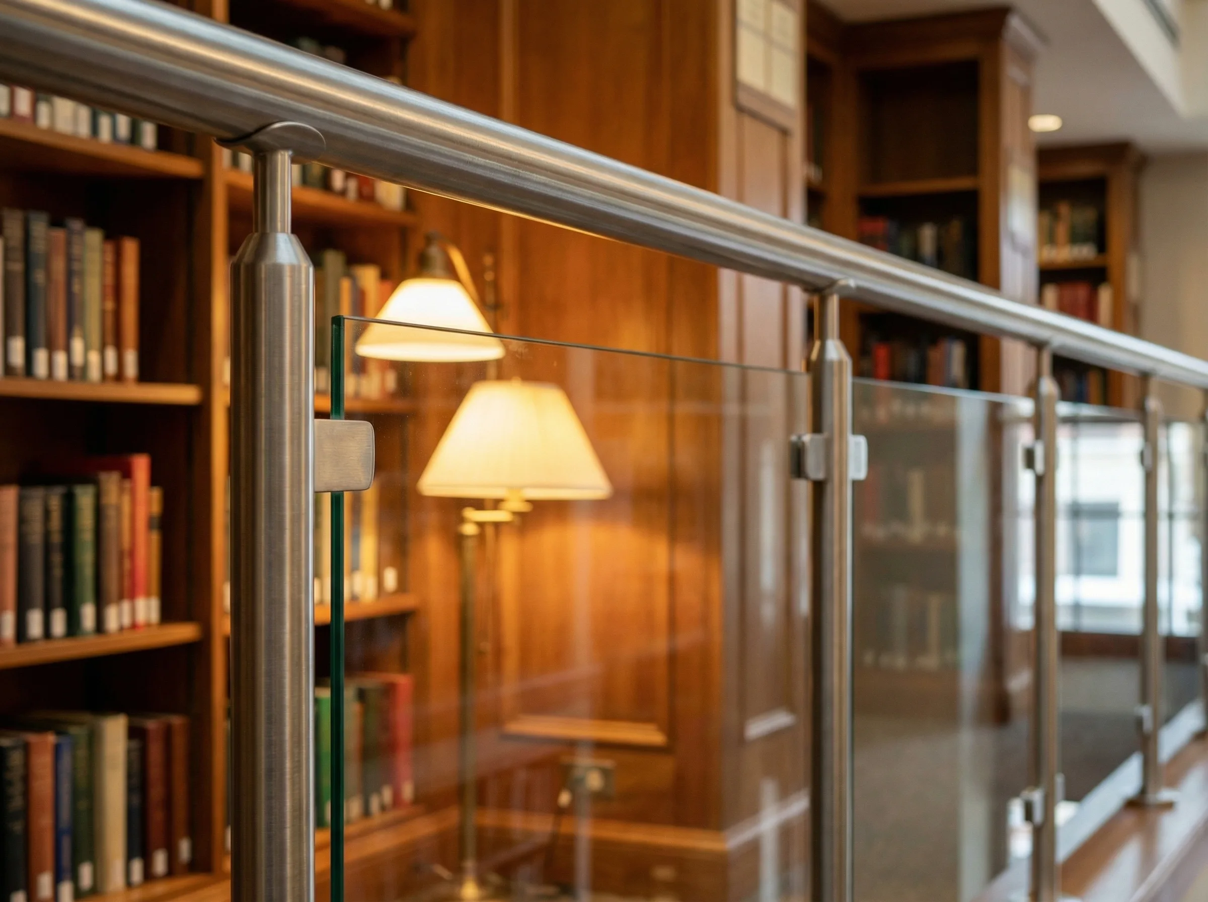 Garde-corps verre inox sur mezzanine bibliotheque