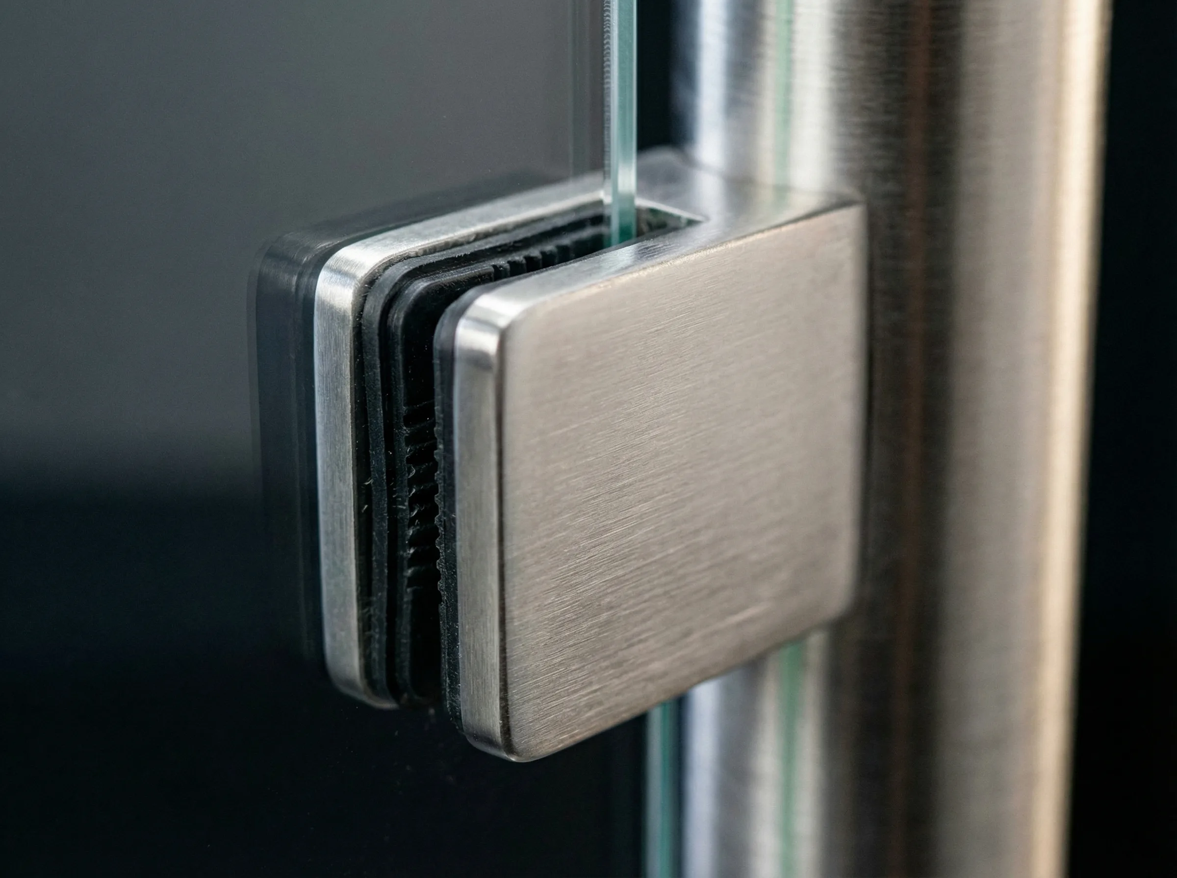 Detail pince a verre carree inox sur panneau verre