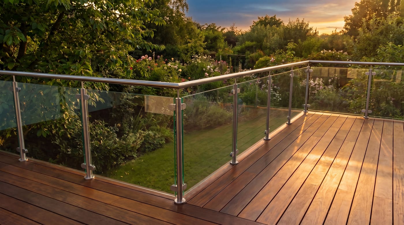 Balcon bois extérieur avec garde-corps inox et verre