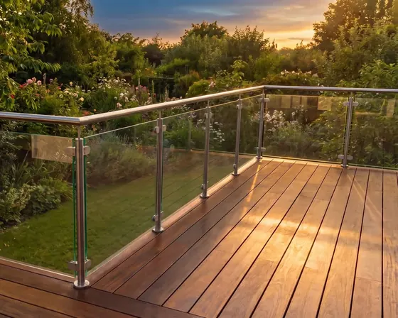 Balcon bois extérieur avec garde-corps inox et verre