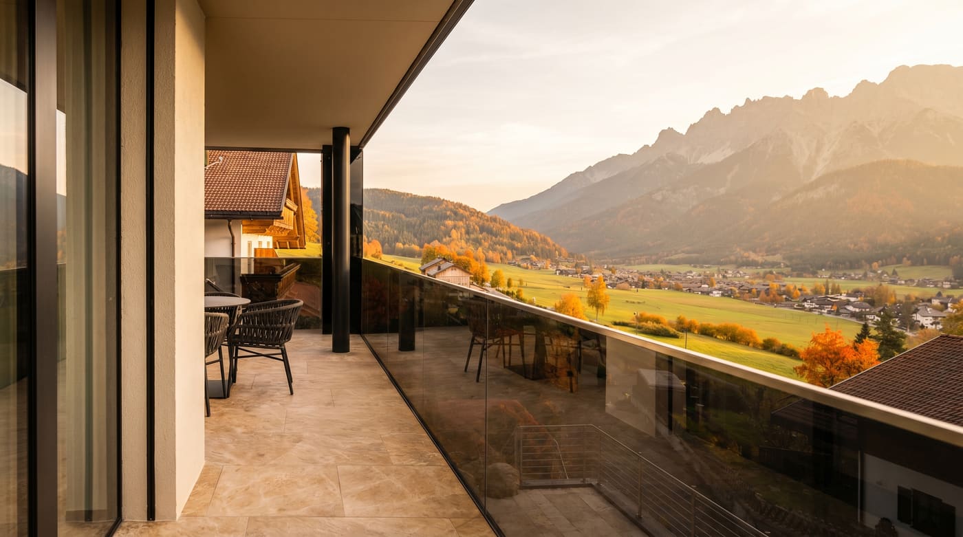 Terrasse avec profils garde-corps verre vue montagne