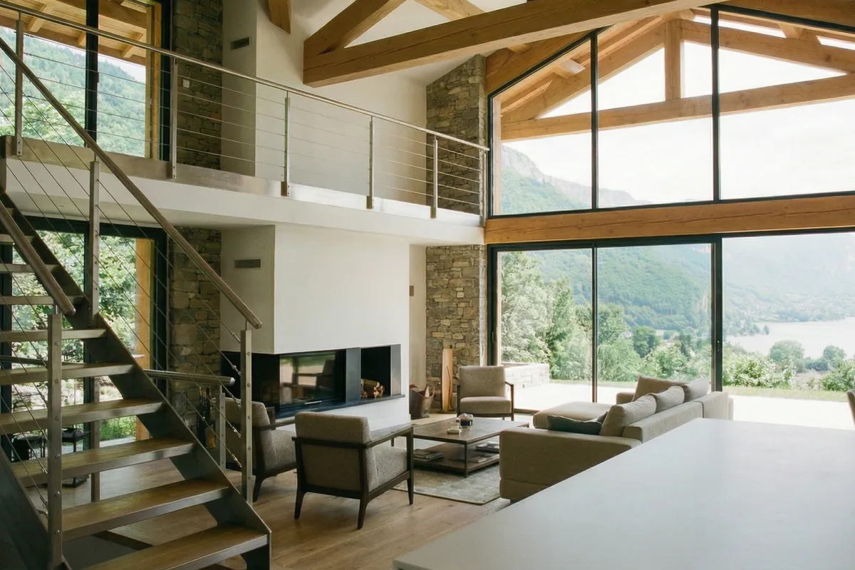 Escalier c&acirc;bles inox chalet montagne vue lac