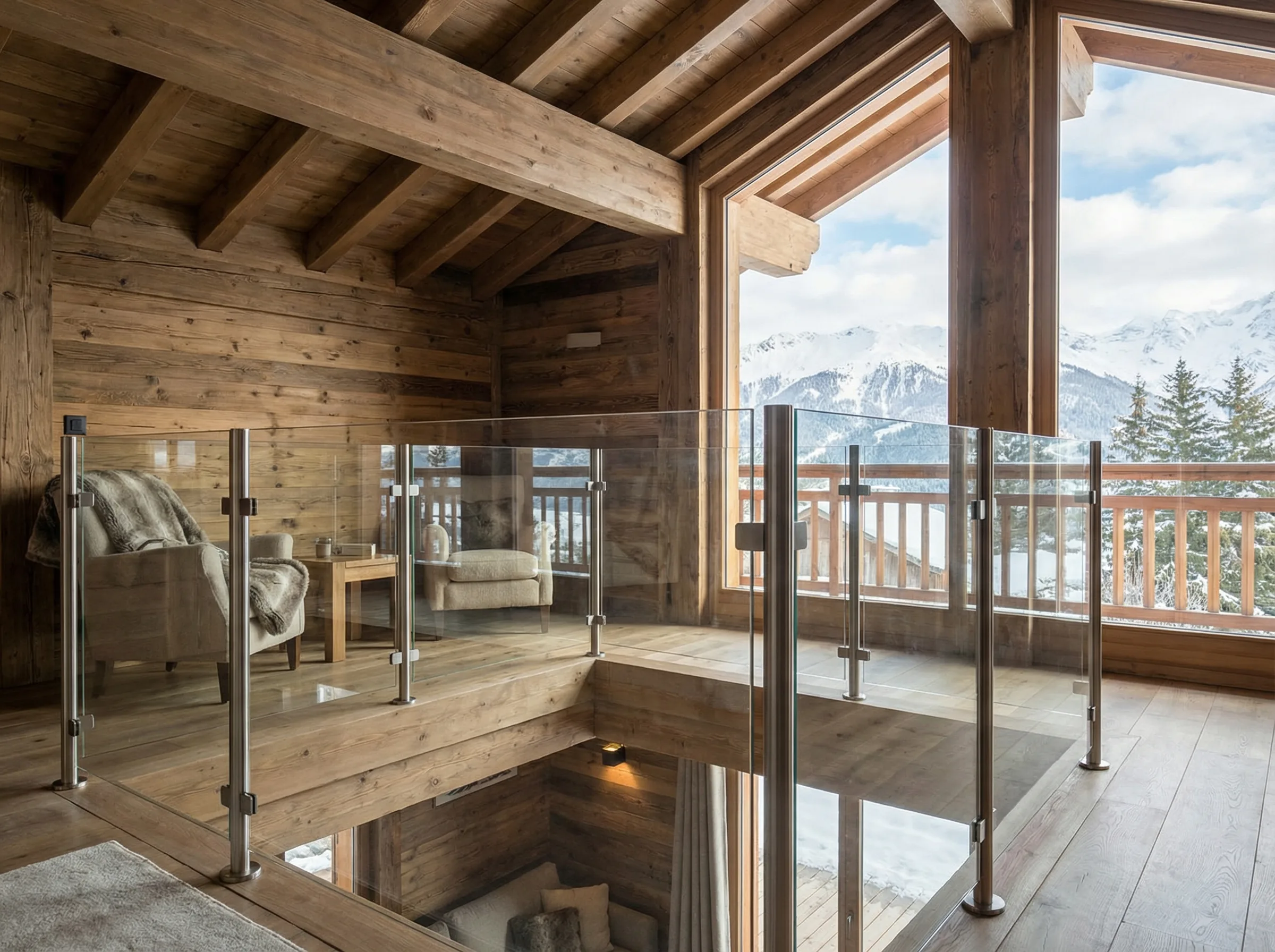 Garde-corps verre mezzanine chalet montagne
