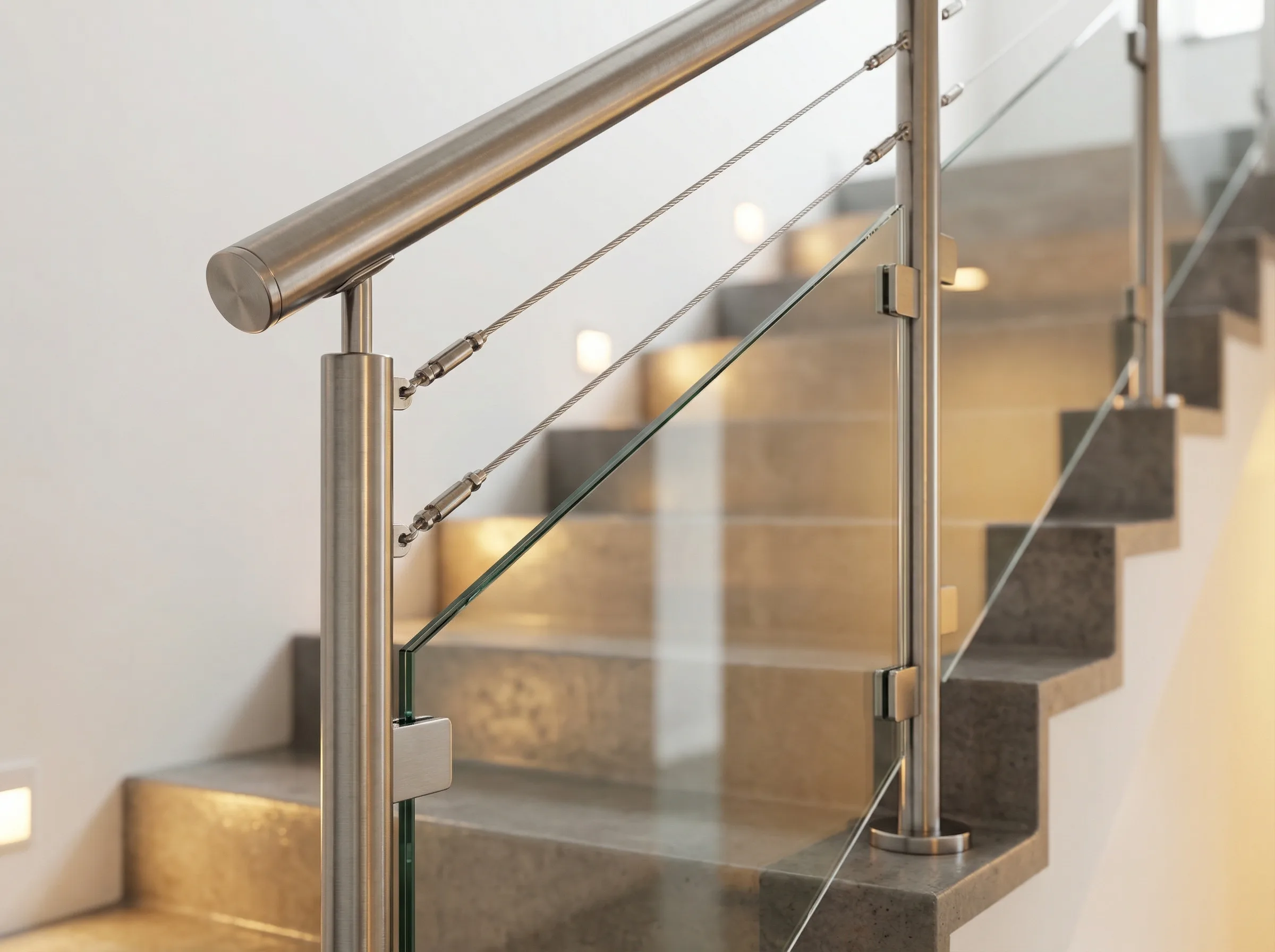 Escalier int&eacute;rieur garde-corps verre et c&acirc;bles inox