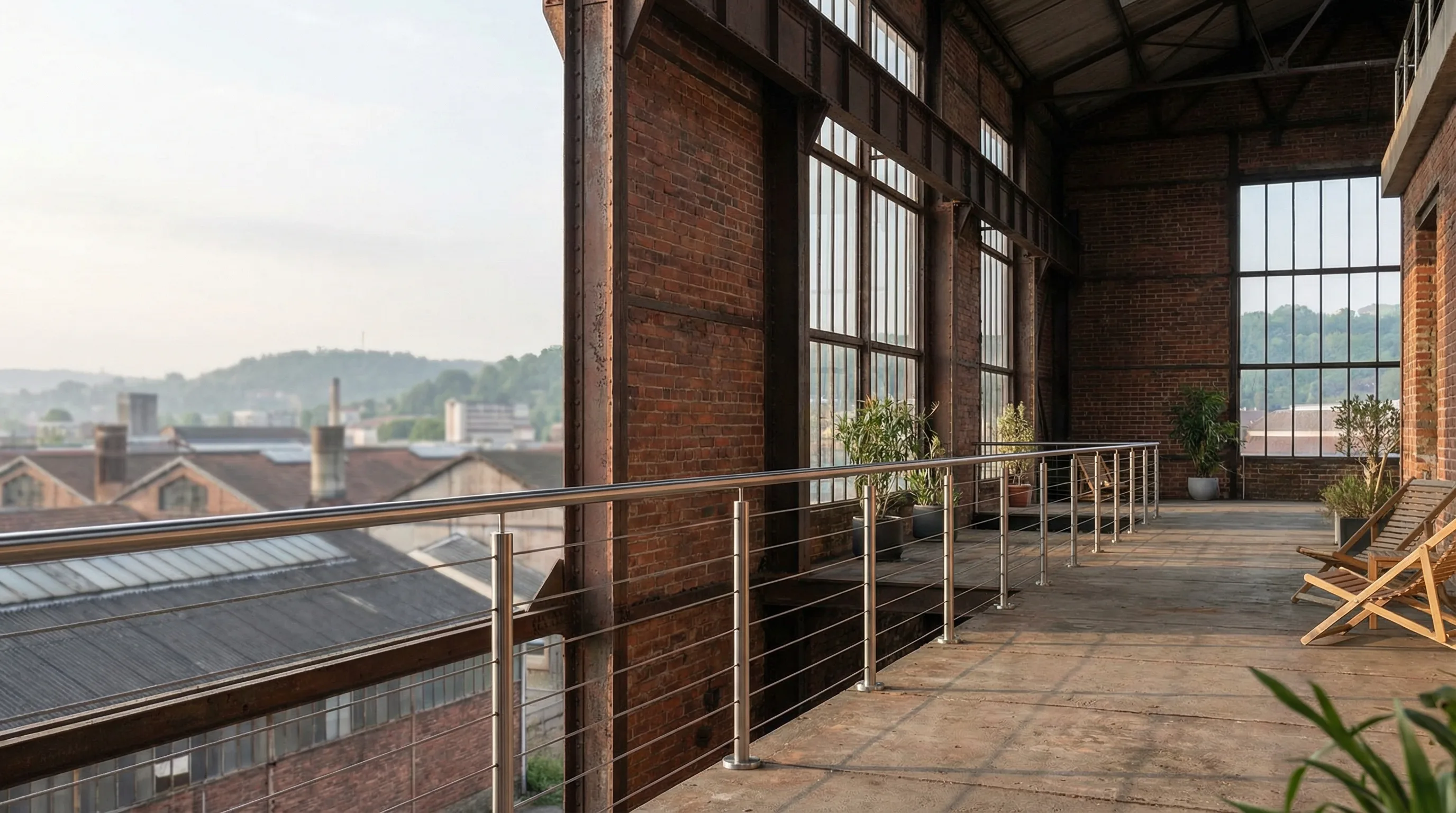 Garde-corps c&acirc;bles loft industriel briques