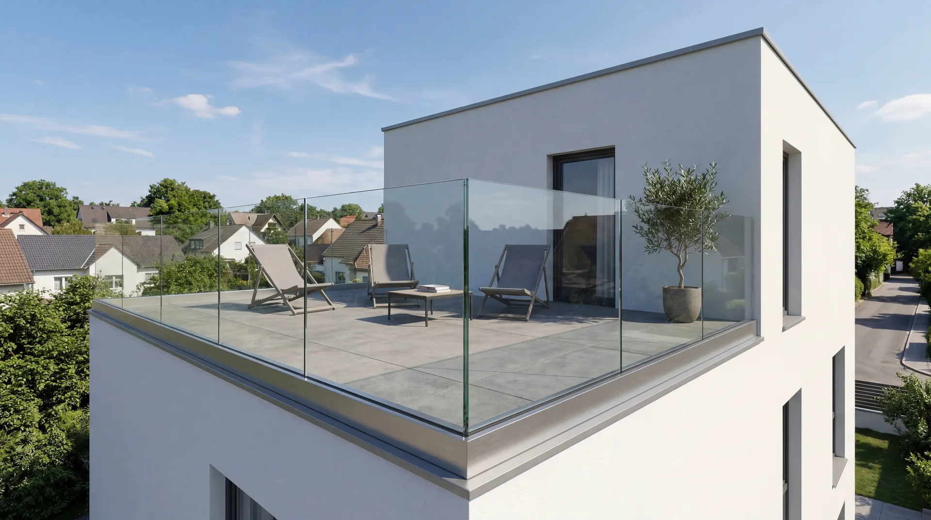 Toit-terrasse avec garde-corps verre sans cadre · réalisation Erminox