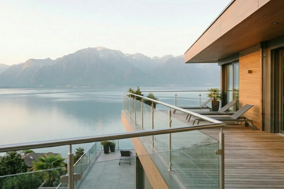 Terrasse villa vue lac L&eacute;man garde-corps verre